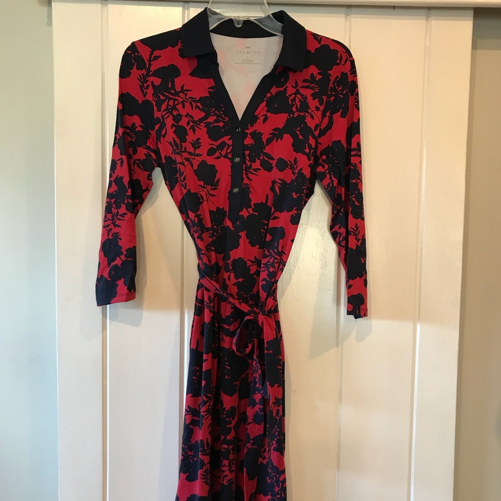 Talbots red and navy belted floral dress